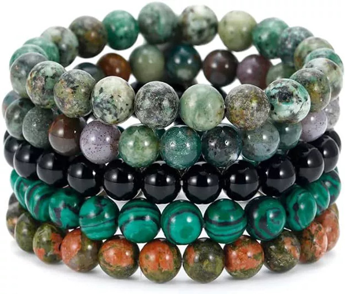 Helin Life Armband Set Heren & Dames – 5-Delig – Natuursteen Kralenarmbanden – 8mm Malachiet (Groen) – Unisex Sieraden – Cadeau voor Mannen & VrouwenLuxe Geschenkdoos