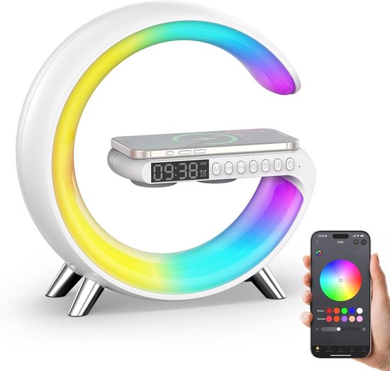 Wake-up Light - Bureaulamp LED - Wekker - Lichtwekker - Bluetooth Speaker - Draadloos Oplader - Digitale Wekkerradio - Led Light - Sfeerlamp - Nachtlamp - Google Home & Alexa - Wit
