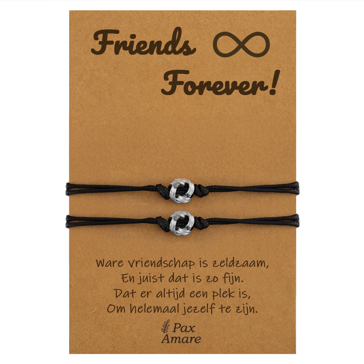 Vriendschapsarmbandjes voor 2 " Friends Forever ∞" - Knoopjes - BFF Armbandjes met Persoonlijk Cadeau Kaartje - Zilverkleurig - Elastisch Verstelbaar - Pax Amare