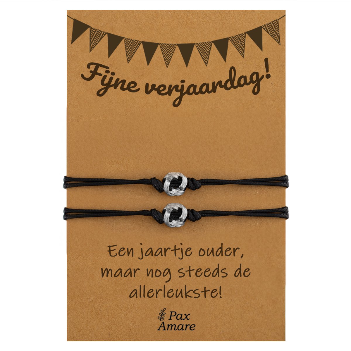 Vriendschapsarmbandjes voor 2 "Fijne Verjaardag" - Knoopjes - BFF Armbandjes met Persoonlijk Cadeau Kaartje - Zilverkleurig - Elastisch Verstelbaar - Pax Amare