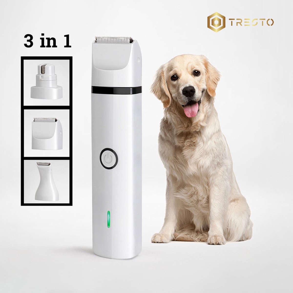 TRESTO - 3-in-1 Hondentondeuse & Nagelvijl – Draadloze Dieren tondeuse voor Honden & Katten – Inclusief Poottondeuse, Precisietondeuse & Elektrische Nagelslijper – Stil & USB Oplaadbare Hondentrimmer – Complete Grooming Set