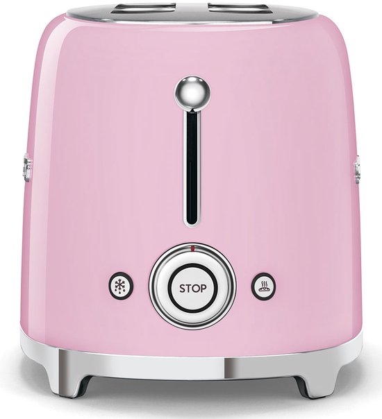 Roze SMEG broodrooster met zilverkleurige details en functieknoppen.