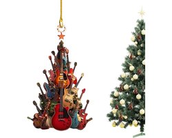 Kerstversiering, 2 rockgitaar kerstboomversieringen, muziekthema kerstversieringen, elektrische gitaarversieringen, geschikt voor muziekliefhebbers, muzikanten en leraren, houten muziekkerstversieringen voor thuis