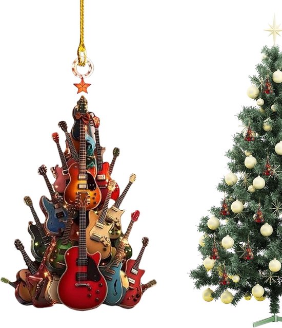 Kerstversiering, 2 rockgitaar kerstboomversieringen, muziekthema kerstversieringen, elektrische gitaarversieringen, geschikt voor muziekliefhebbers, muzikanten en leraren, houten muziekkerstversieringen voor thuis
