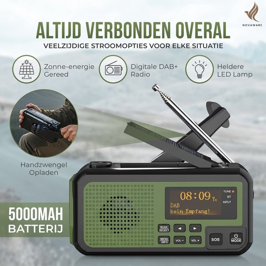 NovaWare® Radio d'urgence à remontage Solar - Banque d'alimentation à énergie solaire avec 5 200 mAh - DAB+/ FM - Pack d'urgence - Haut-parleur Bluetooth - Radio portable - Batterie - Vert