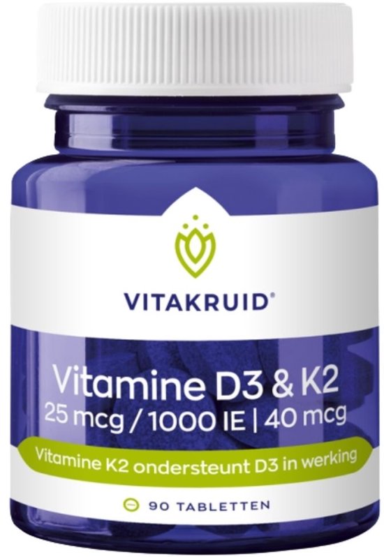Vitakruid vitamine D3 & K2 90 tabletten: blauwe pot met witte dop. Label met 'Vitakruid Vitamine D3 & K2 25 mcg / 1000 IE | 40 mcg'.