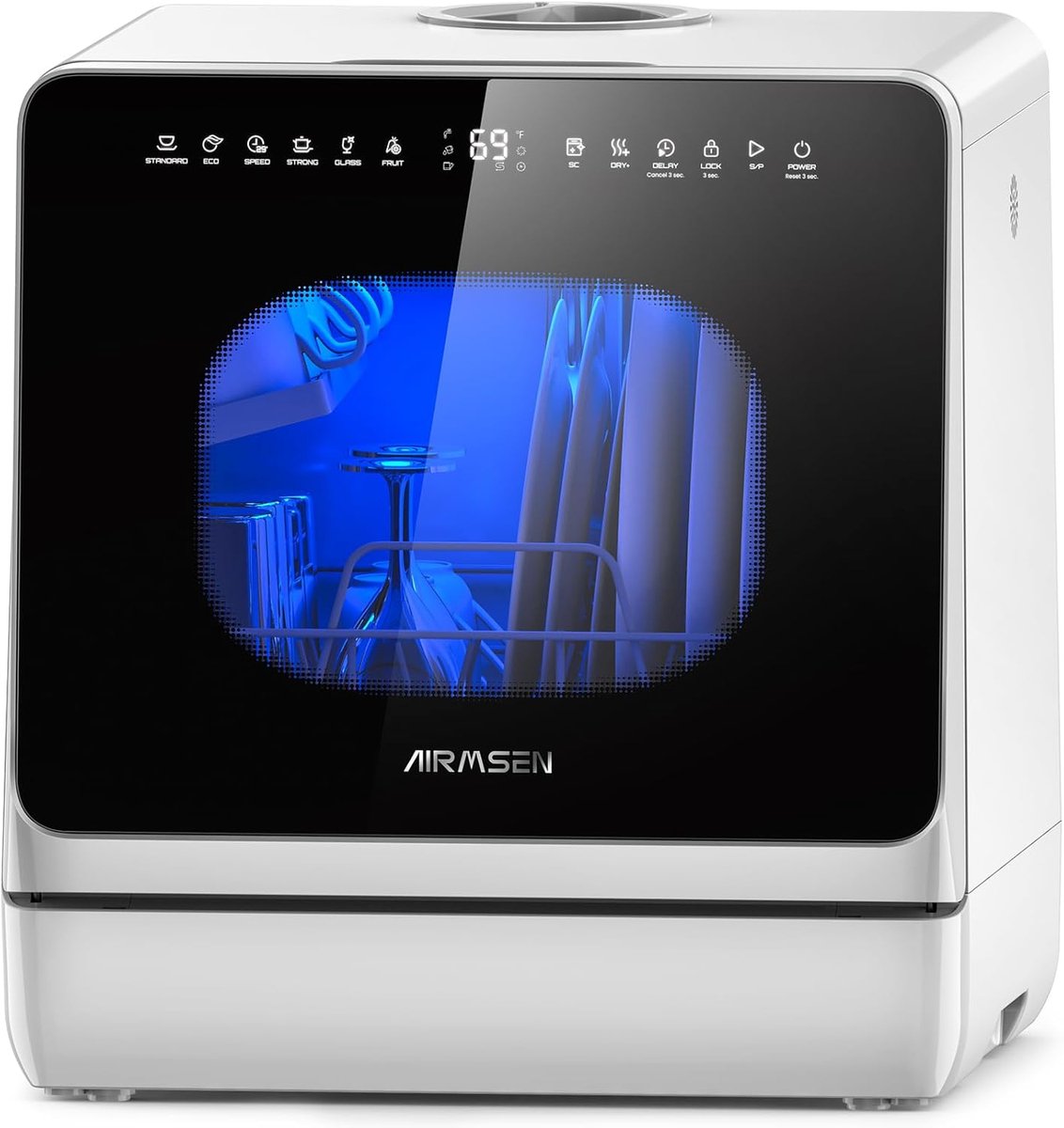 AIRMSEN Mini Vaatwasser - Waterontharder - 5L Watertank - 3 à 4 Couverts - Vrijstaande Afwasmachine - 8+3 Programma's - 2 Watertoevoermodi - Kinderslot - Camping & Kleine Keuken - Zwart/Wit