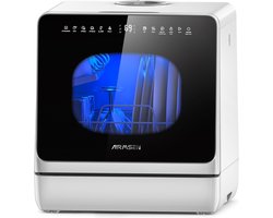 AIRMSEN Mini Vaatwasser - Met Waterontharder - Vrijstaand - Ingebouwd Watertank 5L - 4 Couverts - Wit/Zwart