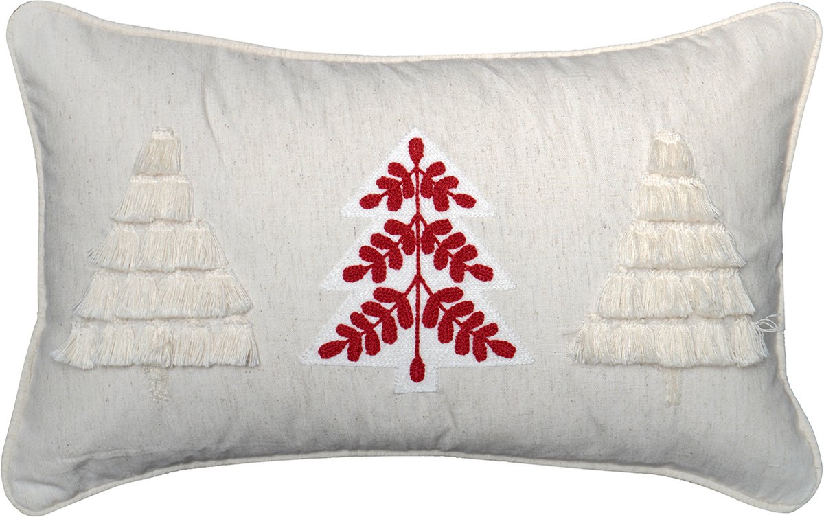 Urbane Hide 30x50 cm Kussenhoes | Kussenhoezen | Kussenhoesjes | Geborduurd met bies | Bomenmotief | Katoen/Linnen | Rood/Wit | Zonder binnenkussen Type E