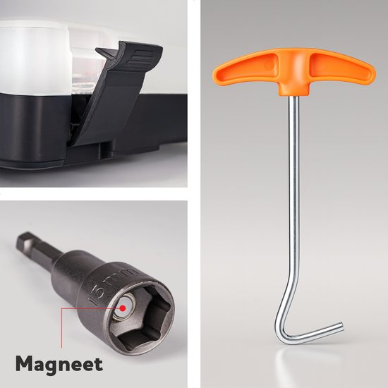 Detail van opbergkoffer, 10mm bitje met magneet en oranje haringtrekker.