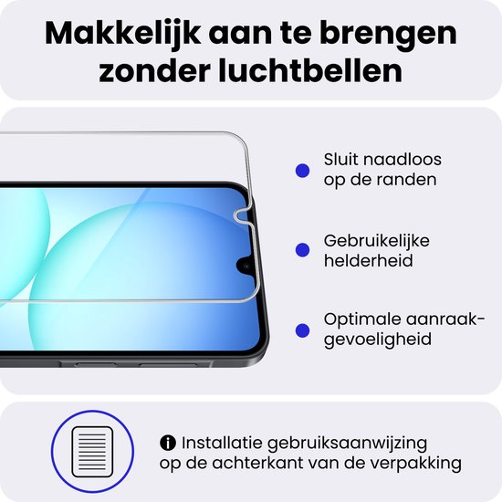 Transparante screenprotector, sluit naadloos op de randen, behoudt helderheid en aanraakgevoeligheid.