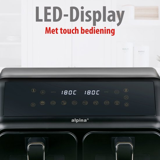alpina Dubbele heteluchtfriteuse 8L - Airfryer 1700W - Heteluchtfriteuse voor braden, frituren en grillen - 80% minder vet - Geschikt voor 4-6 personen - Instelbare temperatuur 60-200 °C - Zwart
