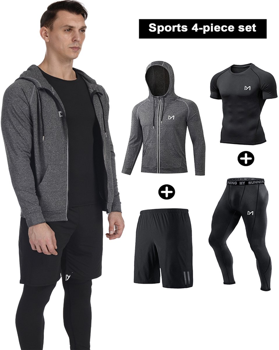 MEETEU 4 in 1 Tracksuit - Trainingspak heren - Joggingpak -mpressieoverhemden voor heren korte mouwen Workout -Leggings Heren Sportlegging -Sportjasje-Zwart-L