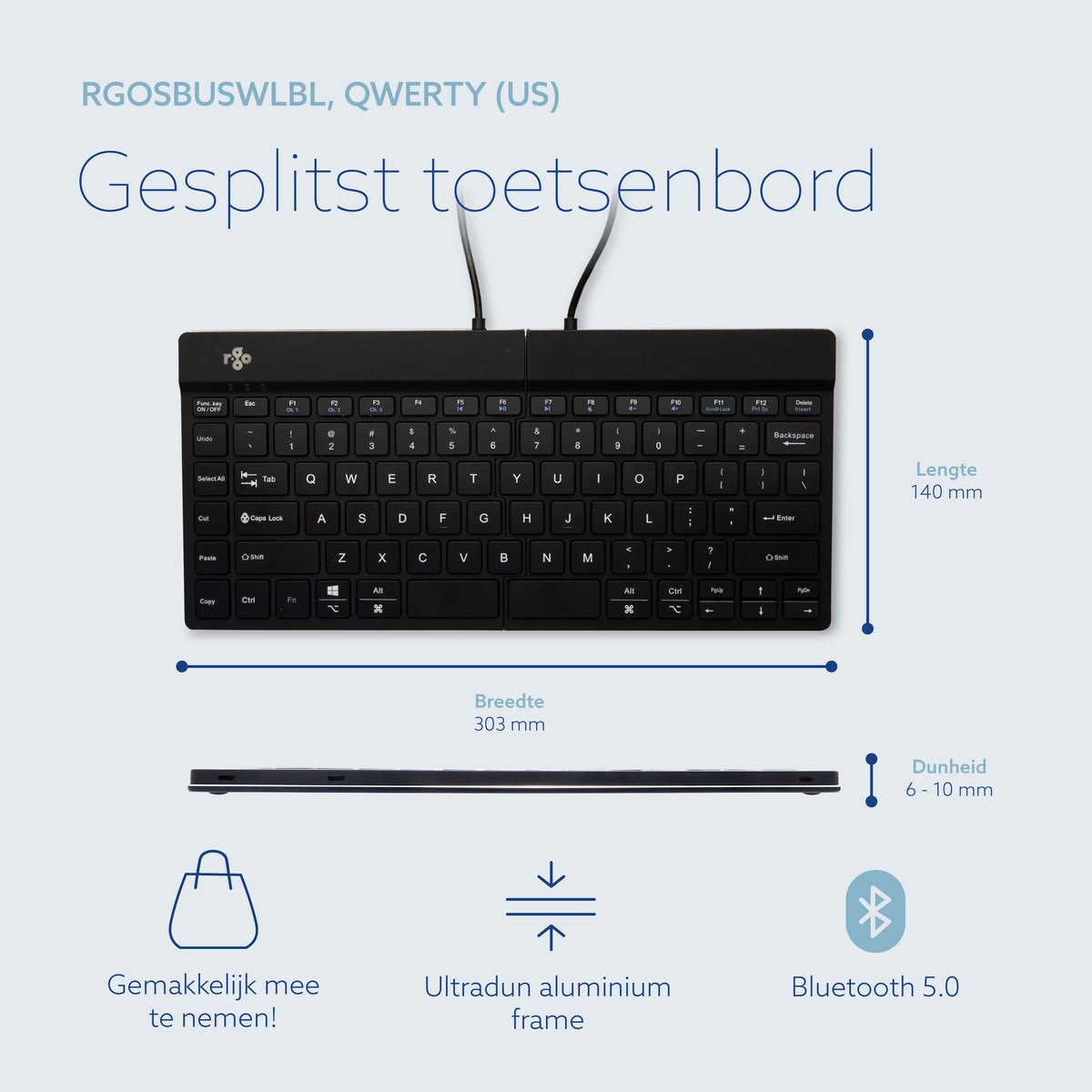 R-Go Split Ergonomisch Toetsenbord Bluetooth Wit thumbnail 5