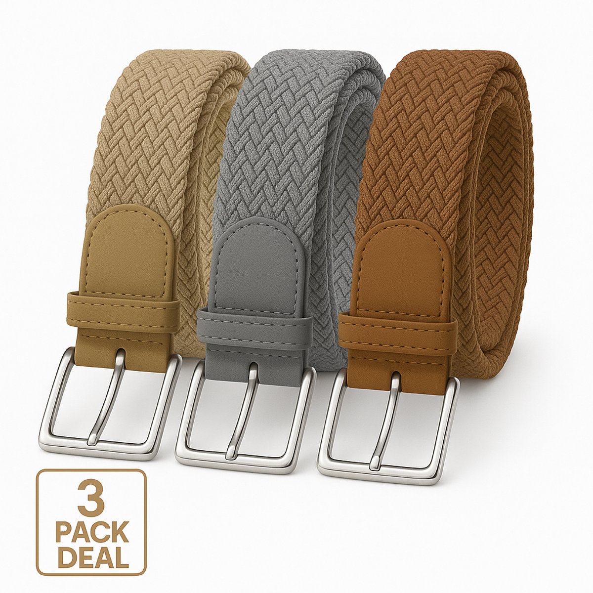 3 pack deal - Elastische riem - gevlochten broekriem - dames en heren riemen - Kleur 1 Beige 2 Grijs 3 Bruin 120 cm