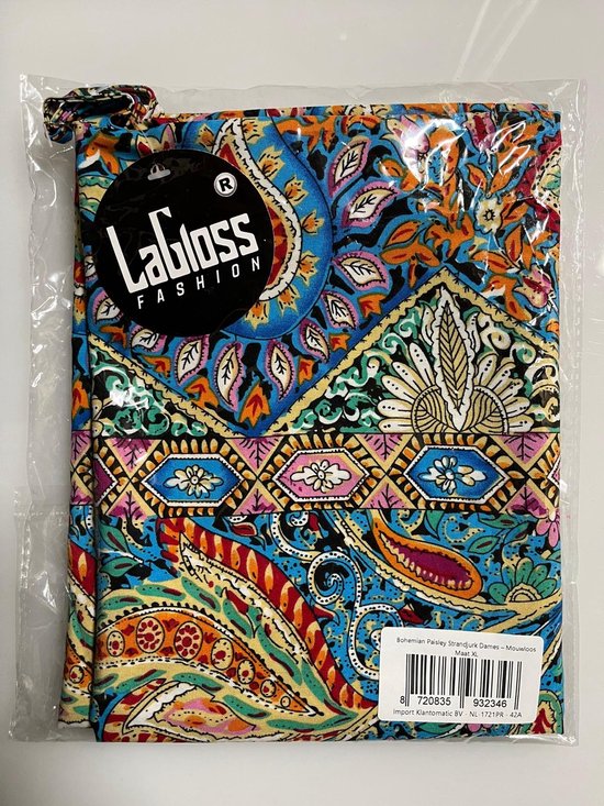 Mouwloze jurk in een plastic verpakking, met een veelkleurige paisleyprint.