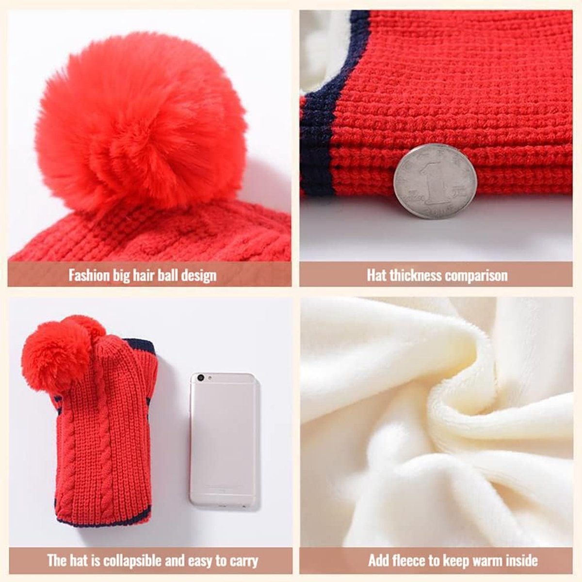 Muts - Kindermuts - Winter Muts - Gebreide wintermuts - Sjaalset - Muts 3-in-1 - Warme mutsen voor jongens en meisjes van 3 tot 6 jaar - Sjaal met schuifkap - Gebreide muts met pompon - Rood — cadeau in Mode & Accessoires - foto 5