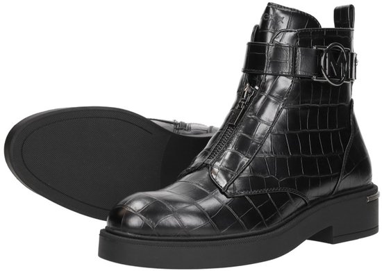 Bottines noires à imprimé crocodile, fermeture éclair et boucle, avec logo M.