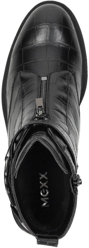 Vue de dessus de bottines noires à imprimé crocodile et fermeture éclair.