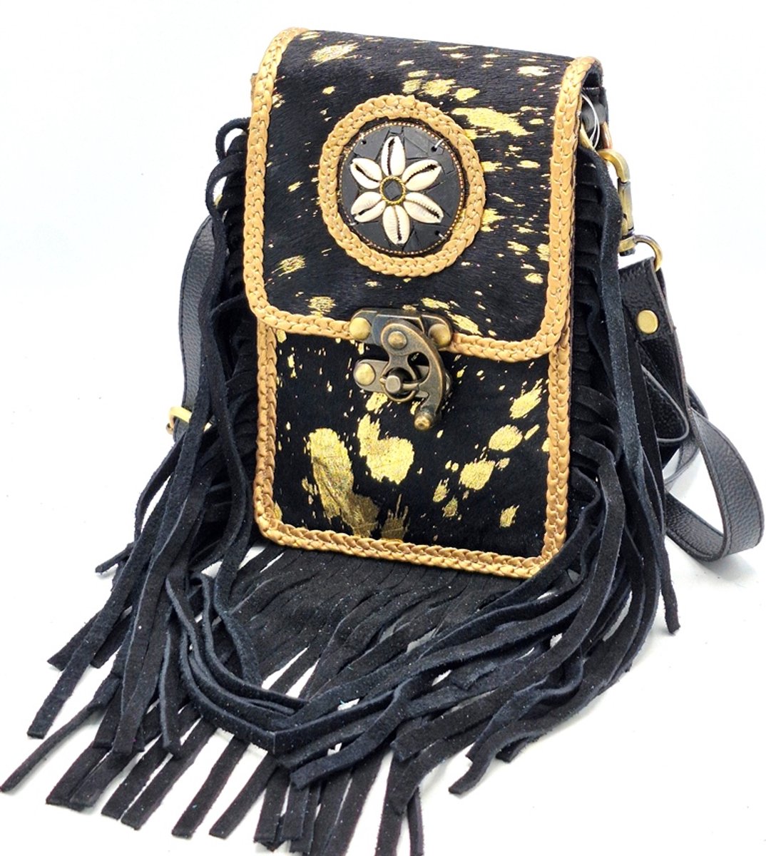 Leren Telefoontasje met Rond Schelpenornament Ibiza style zwart - buiten afmetingen - (bxhxd) ca. 12,5 cm x 19,5cm x 5,5 cm