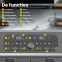 Detail van het digitale bedieningspaneel met icoontjes en nummers die functies aangeven.
