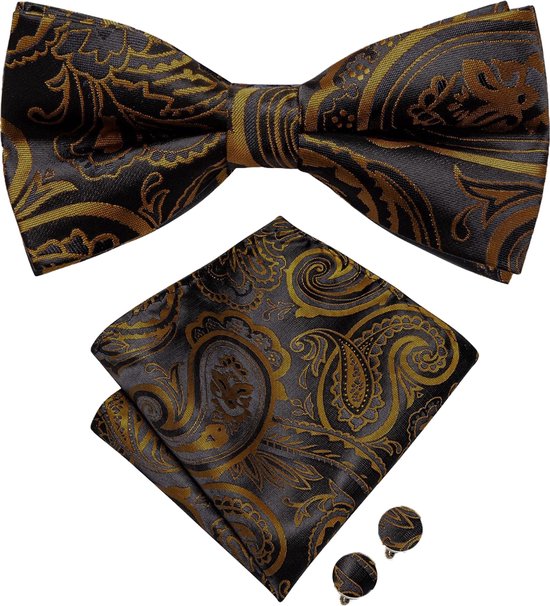 Set nœud papillon Sorprese - Pochette et Boutons de manchette inclus - 100 % soie - Motif cachemire Zwart/marron - Ensemble d'accessoires de Luxe pour homme - Nœud papillon