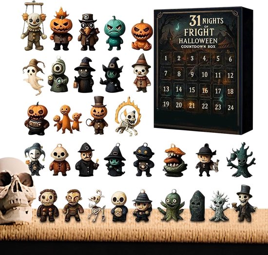 Halloween Adventkalender 2025 - Met Enge Poppen en Miniaturen - Countdown Cadeauset voor Kinderen en Gezin - 30×24×2,8 cm