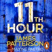 Boekcover: "11th Hour" door James Patterson en Maxine Paetro. Blauwe achtergrond met gele en rode verfspatten.
