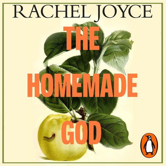 Livre "The Homemade God" avec une image de pomme avec un ver dessus, entourée de feuilles vertes.