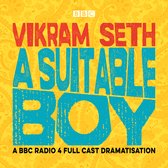Boekcover van 'A Suitable Boy' met de tekst "Vikram Seth A Suitable Boy" en "A BBC Radio 4 Full Cast Dramatisation" op een gele achtergrond met een patroon.