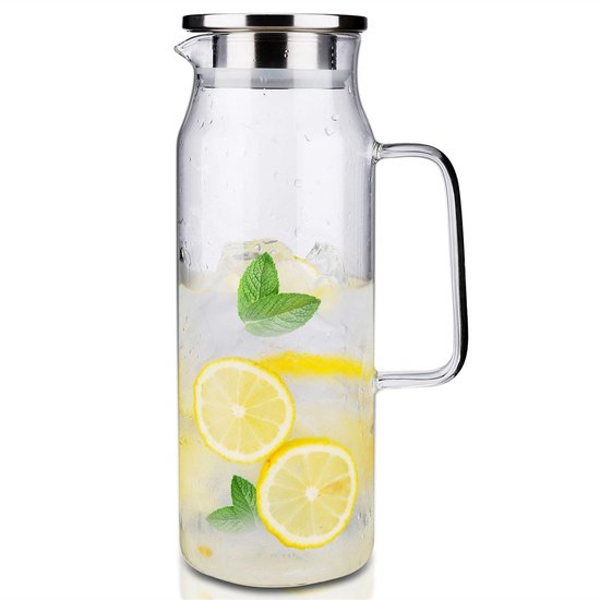 2,2 liter waterkaraf van borosilicaatglas, waterkan met roestvrijstalen deksel, lekbestendige karaffen voor koelkastdeur voor zelfgemaakte dranken/koffie/melk/ijsthee/wijn/sap