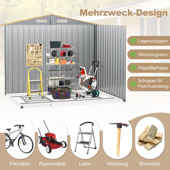 Abri de jardin en métal COSTWAY, verrouillable, avec fondations, abri de jardin avec 4 fentes d'aération, porte coulissante et rampe, abri de jardin, abri en métal, abri de jardin, naturel (259 x 196 x 184 cm)