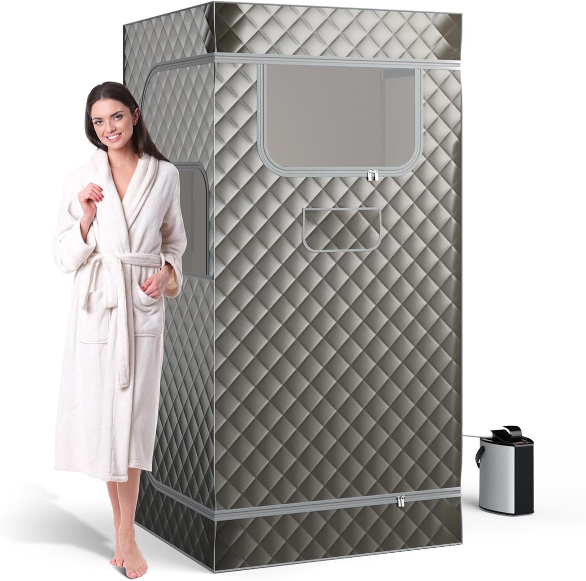 COSTWAY Stoomsauna, thuissauna voor thuis, full-body saunabox met 3-liter stoomgenerator, afstandsbediening, voetmassageapparaat en klapstoel, draagbare saunatent 91 x 91 x 183 cm (grijs)