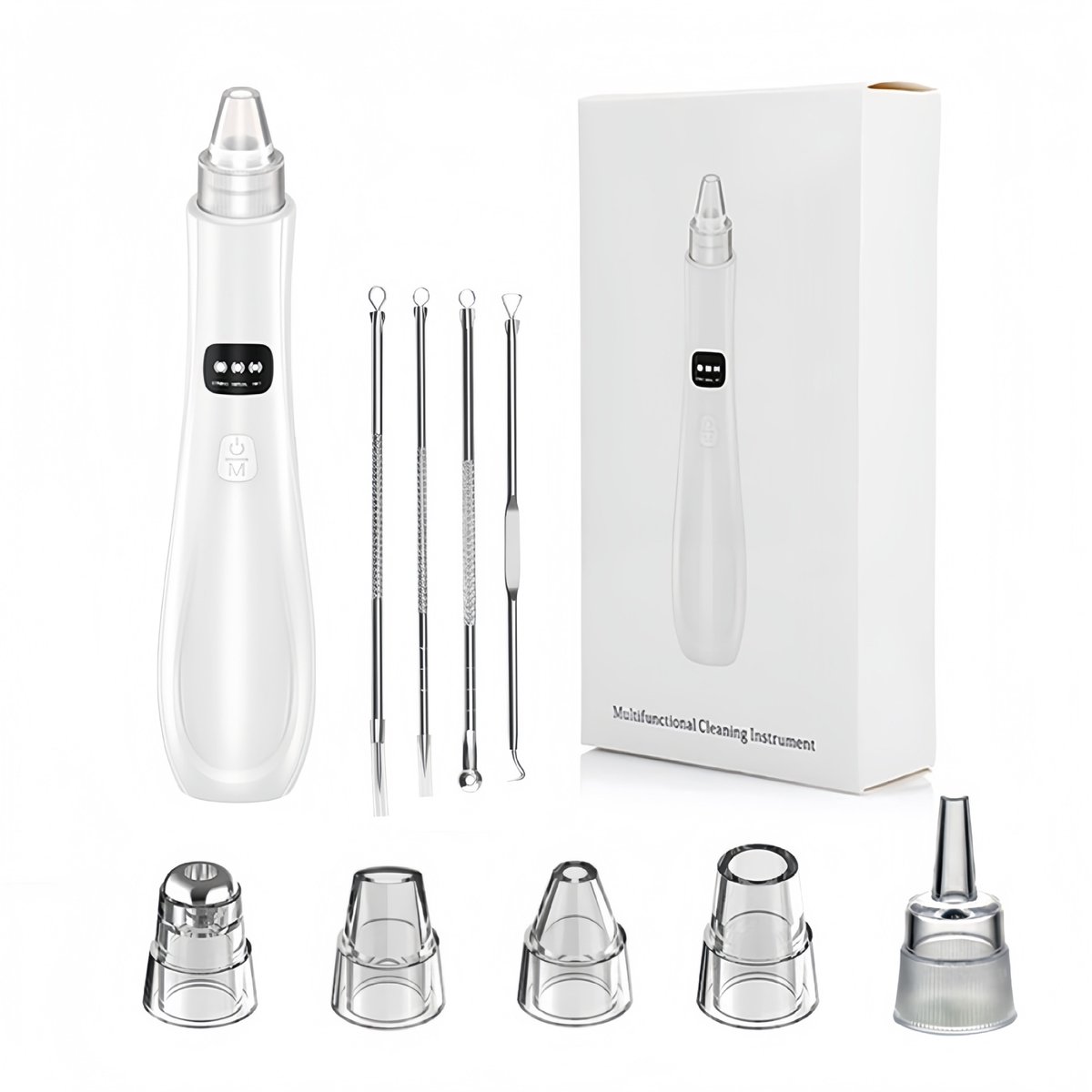 Blackhead Remover – Mee Eters Verwijderen Met 5 Functionele Opzetstukken – 3 Modi Elektrische Acne Extractor – Oplaadbare Poriënreiniger – Inclusief Comedonenlepel Set – Voor Mannen En Vrouwen – Wit