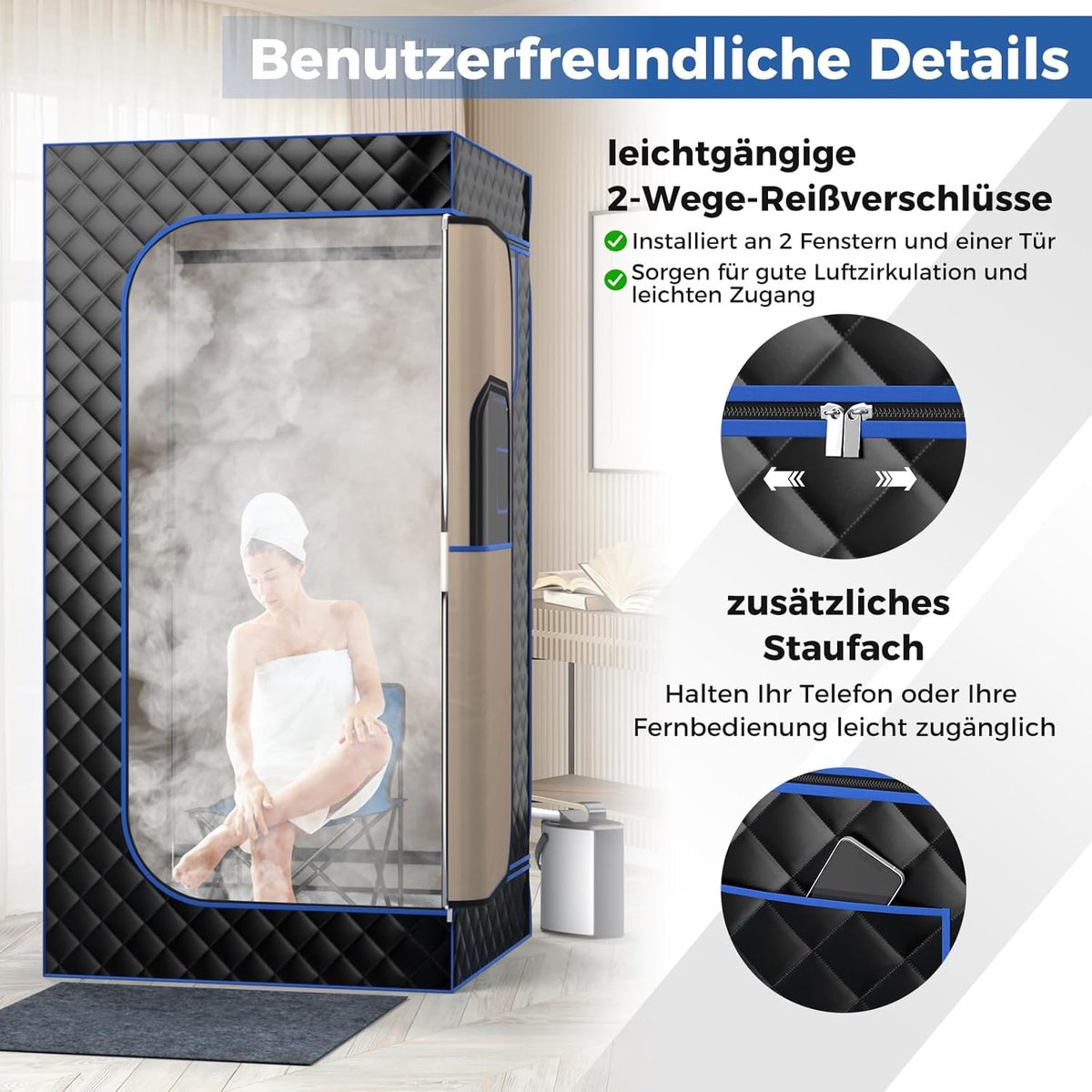 COSTWAY Stoomsauna, thuissauna voor thuis, full-body saunabox met 3-liter stoomgenerator, afstandsbediening, voetmassageapparaat en klapstoel, draagbare saunatent 91 x 91 x 183 cm (zwart) thumbnail 2