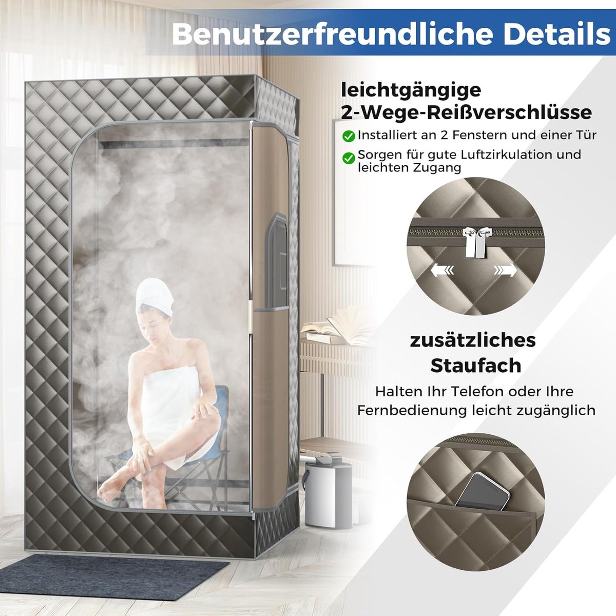 COSTWAY Stoomsauna, thuissauna voor thuis, full-body saunabox met 3-liter stoomgenerator, afstandsbediening, voetmassageapparaat en klapstoel, draagbare saunatent 91 x 91 x 183 cm (grijs) thumbnail 2
