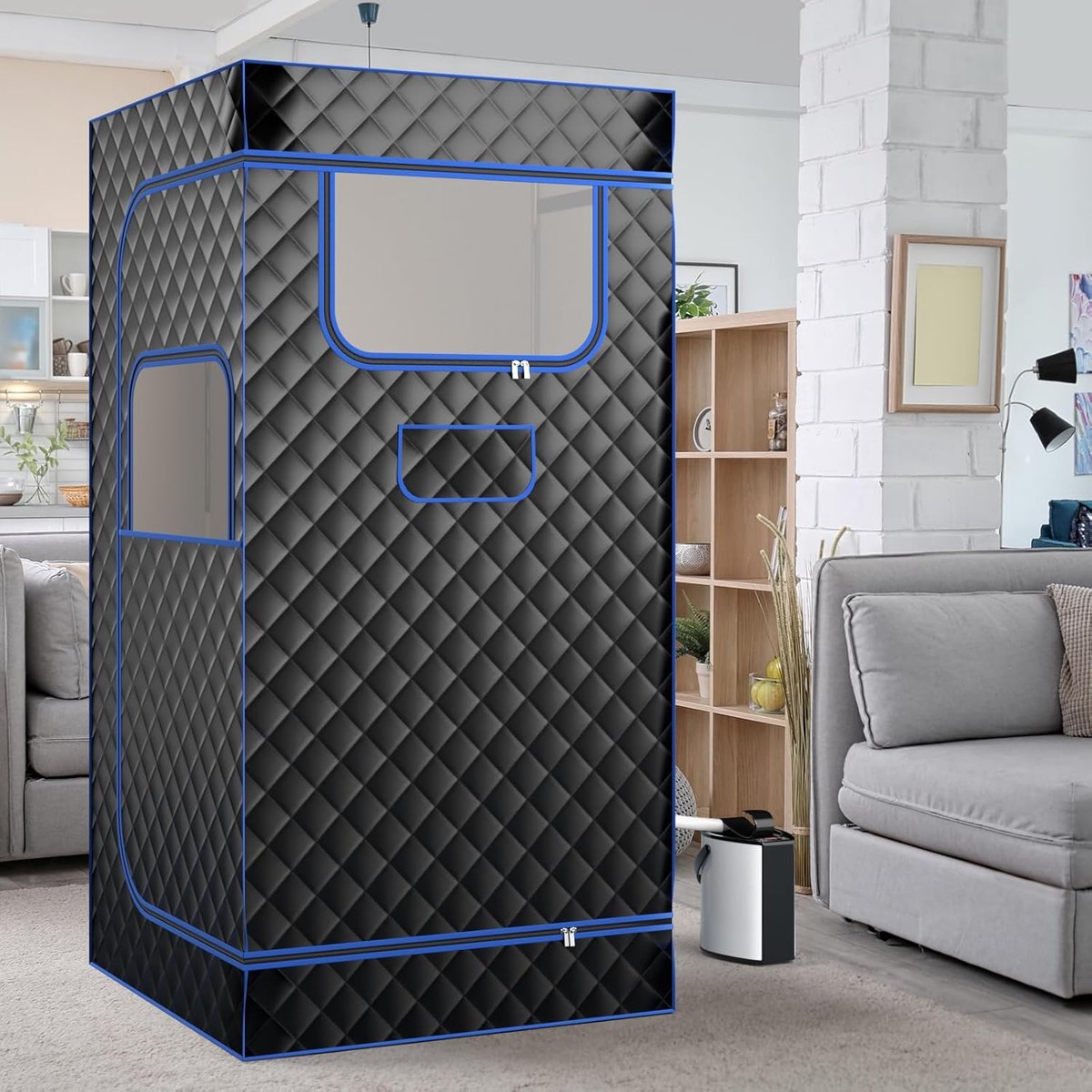 COSTWAY Stoomsauna, thuissauna voor thuis, full-body saunabox met 3-liter stoomgenerator, afstandsbediening, voetmassageapparaat en klapstoel, draagbare saunatent 91 x 91 x 183 cm (zwart) thumbnail 6