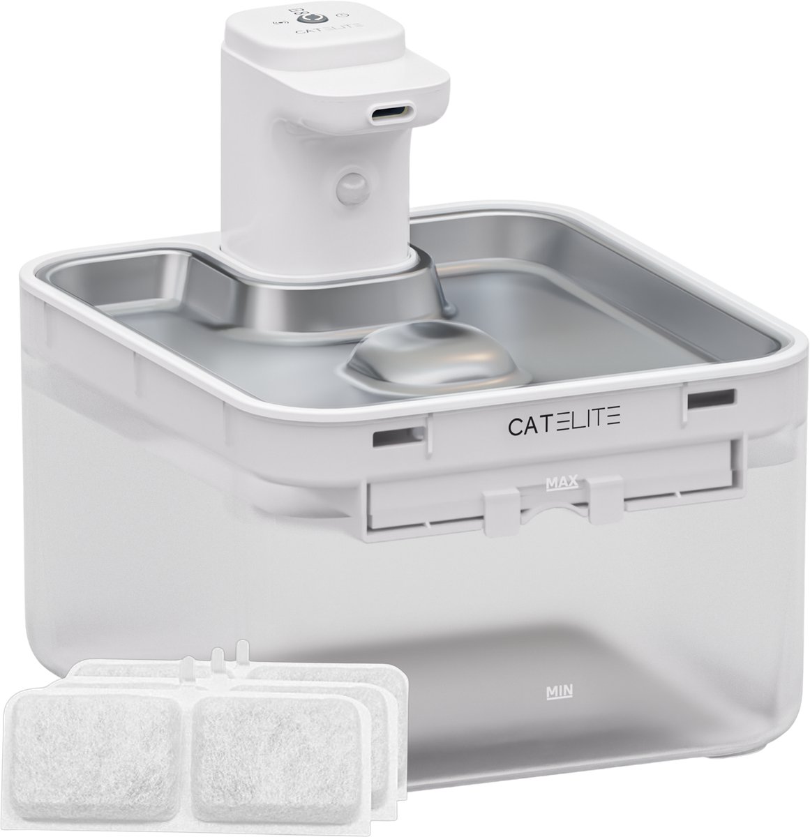 CatElite® – Draadloze Drinkfontein Kat RVS – Waterdispenser met Sensor & Accu – Incl. 3 Filters – 2.5L Waterfontein Kat – Kattenfontein – Fluisterstil – Wit