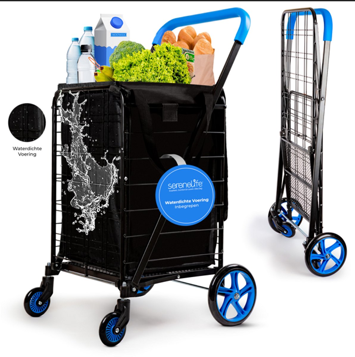 SereneLife Boodschappentrolley - Wineklwagen - Vouwbare Boodschappenkar - Boodschappentas met Wielen - 360° Draaiwielen- 50 kg Capaciteit - voor Boodschappen, Wasgoed, Bagage