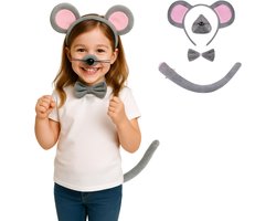 Joya Kids® Muis Verkleed Accessoires | Verkleedset Mouse | Meisjes en Jongens en Volwassenen Verkleedpak Muisje | Carnaval en Halloween Outfit kinderen en volwassen | Haarband met Oren, Neus, Staart en Strik | Grijze Muis