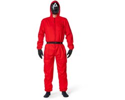 Red game Kostuum – Rood Pak met Masker, Handschoenen en Riem – Halloween - Maat L