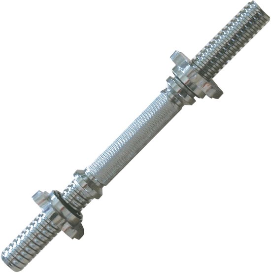 Een verchroomde halterstang van 36 cm met schroefdraad aan beide uiteinden en een geribbeld handvat.