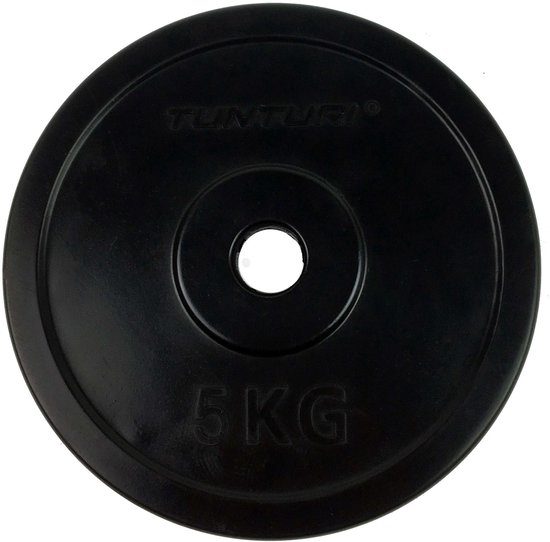 Zwarte Tunturi halter van 5 kg met ronde opening in het midden.
