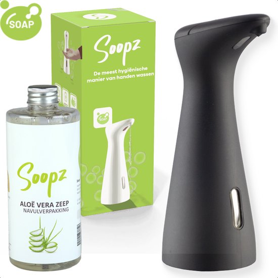 Doos en navulverpakking met aloë vera zeep naast een zwarte automatische zeepdispenser.