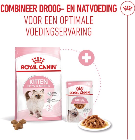 Een zak Royal Canin Kitten droogvoer en een zakje natvoer worden naast elkaar getoond. Een plus-icoon suggereert combinatie van droog- en natvoeding.