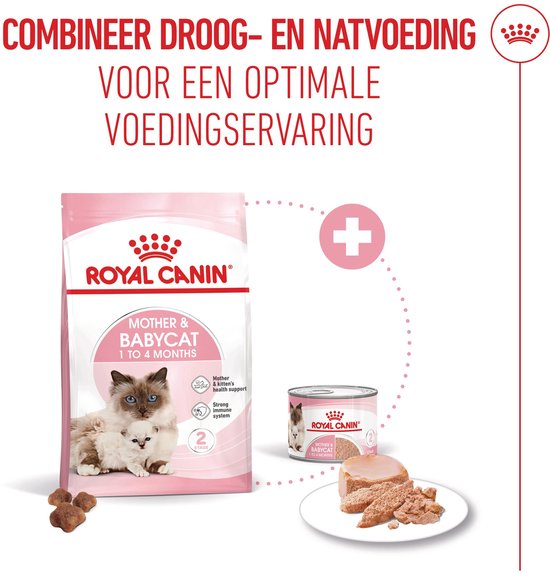 Zak Royal Canin Mother & Babycat voer. Naast de zak een blikje natvoer en een portie natvoer.
