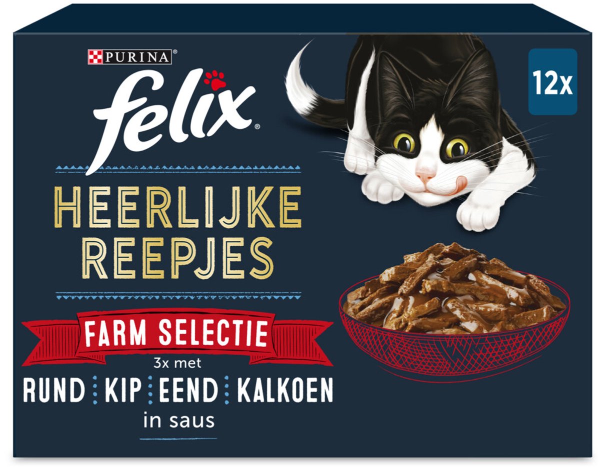 Felix Heerlijke Reepjes Farm Selectie met rund, kip, eend, kalkoen in saus natvoer kat 4 x (12 x 80 g)