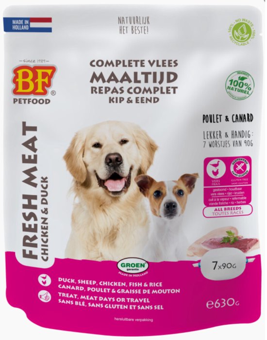 BF Petfood Vleesvoeding Eend - Kip - 8 x 7 x 90 gr - Voordeelverpakking