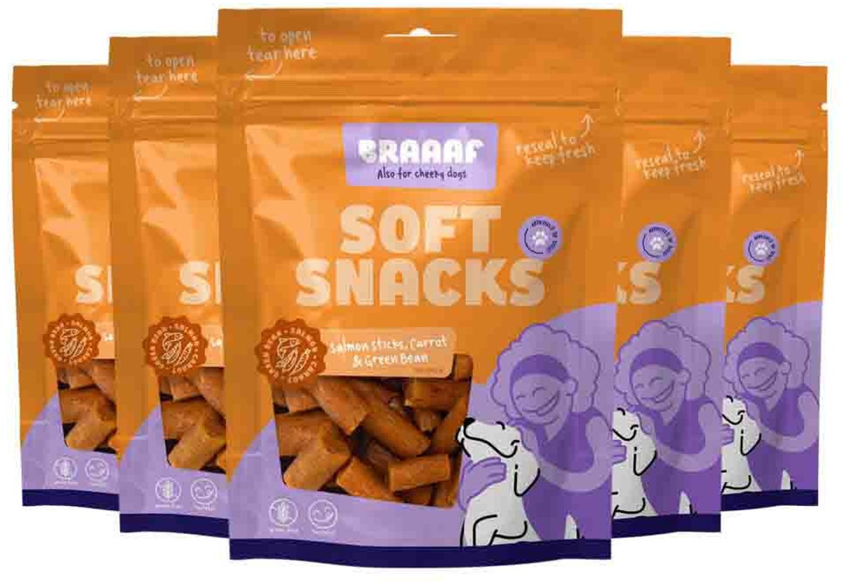 Braaaf Hondensnack Sticks Wortel - Sperzieboon - Zalm - 5 x 85 gr - Voordeelverpakking