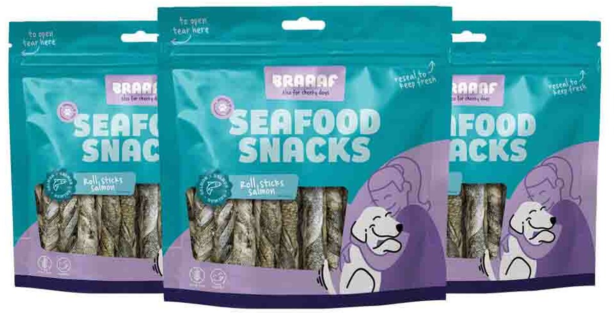 Braaaf Hondensnack Rol Sticks Zalm 12 cm - 3 x 175 gr - Voordeelverpakking